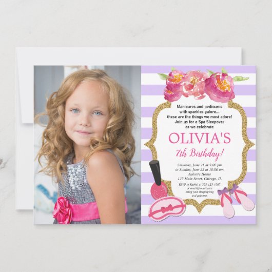 Invitation Spa violet et or Sleepover photo fête d'anniversai (Devant)