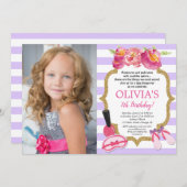 Invitation Spa violet et or Sleepover photo fête d'anniversai (Devant / Derrière)
