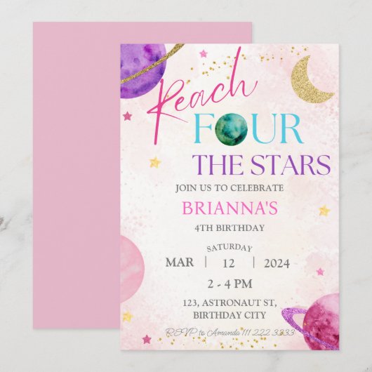 Invitation Space 4th Reach Four the Stars Birthday Girl (Devant / Derrière)