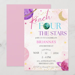 Invitation Space 4th Reach Four the Stars Birthday Girl