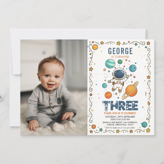 Invitation Space Adventure 3rd birthday | Outer Space photo (Devant)