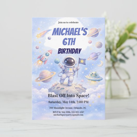 Invitation Space Astronaut 6th Birthday Outer Space Galaxy  (Debout devant)