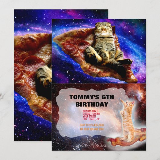 Invitation Space cat couché sur une pizza (Devant / Derrière)