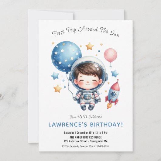 Invitation Space Cute Austronaut garçon 1er anniversaire (Devant)