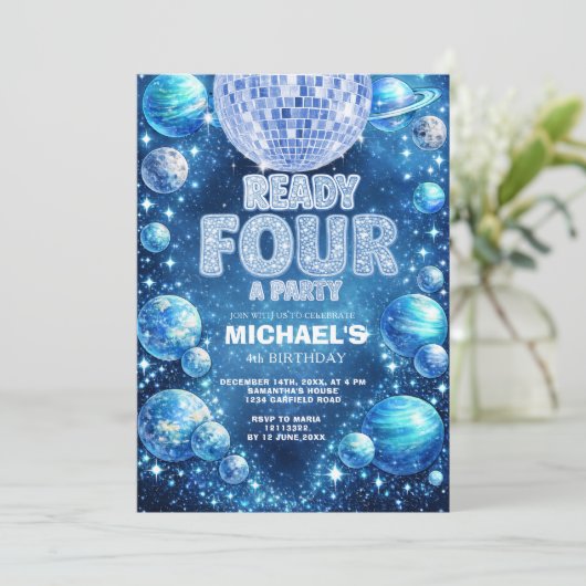 Invitation Space Disco 4th Birthday READY FOUR A PARTY (Debout devant)
