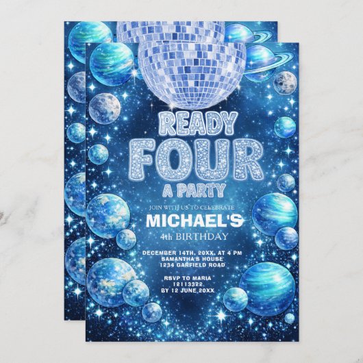 Invitation Space Disco 4th Birthday READY FOUR A PARTY (Devant / Derrière)