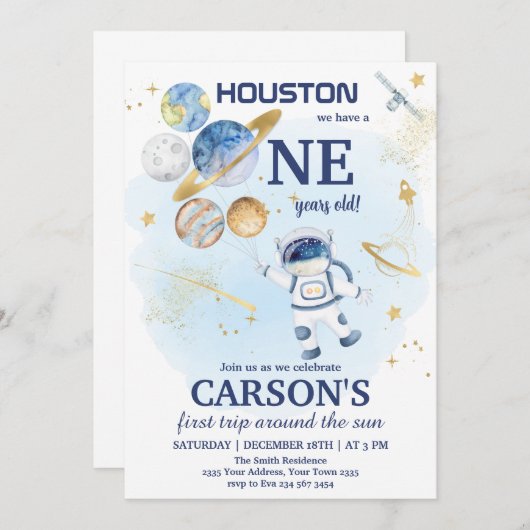 Invitation Space First Outer Space First Birthday (Devant / Derrière)