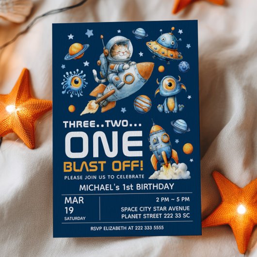 Invitation Space Galaxy Astronaut Cat Blast Off 1st Birthday