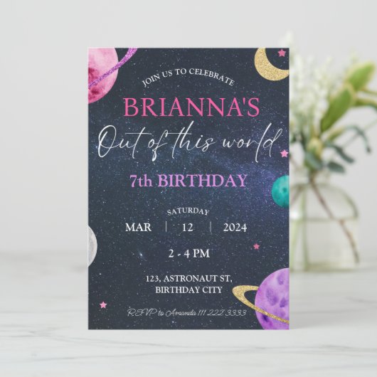 Invitation Space Galaxy Girl 3e 5e 6e 7e 8e 9e anniversaire (Debout devant)