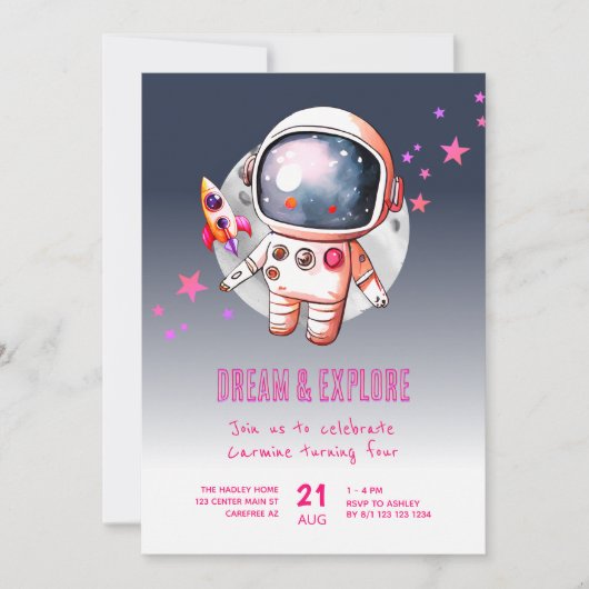 Invitation Space Galaxy Moon 4e anniversaire (Devant)