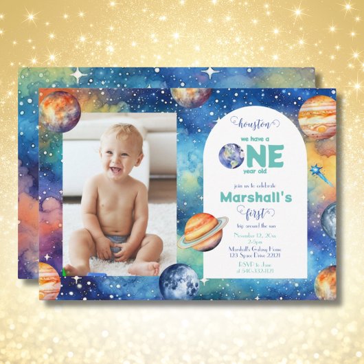 Invitation Space Galaxy ✨ Planètes Photo Premier anniversaire