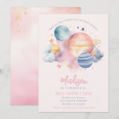 Invitation Space Girl Anniversaire Planètes Étoiles rose (Devant / Derrière)