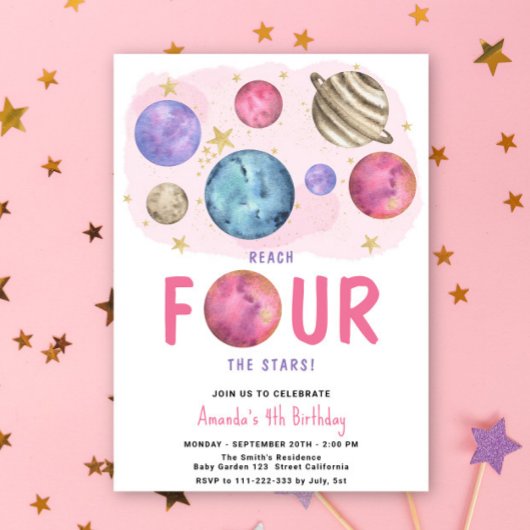 Invitation Space Girl Quatrième anniversaire Star Party