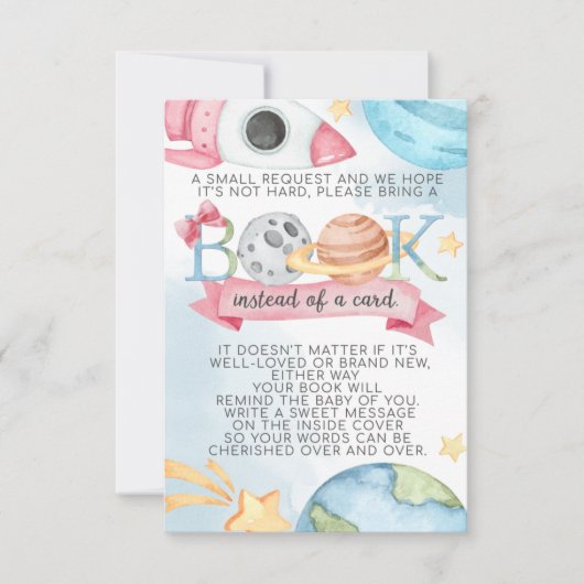 Invitation Space Planet Rose Girl Book Demande Card pour bébé (Devant)
