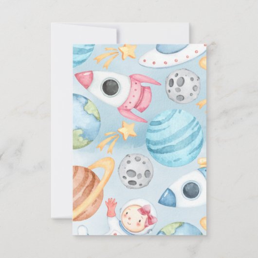 Invitation Space Planet Rose Girl Book Demande Card pour bébé (Dos)