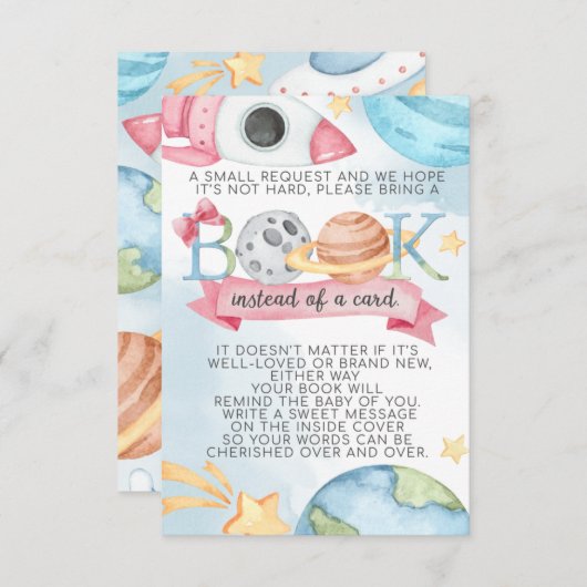 Invitation Space Planet Rose Girl Book Demande Card pour bébé (Devant / Derrière)