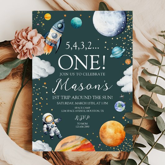 Invitation Space Rocket 1st Trip Around the Sun Birthday