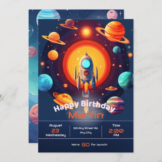 Invitation Space Rocket Anniversaire (Devant / Derrière)