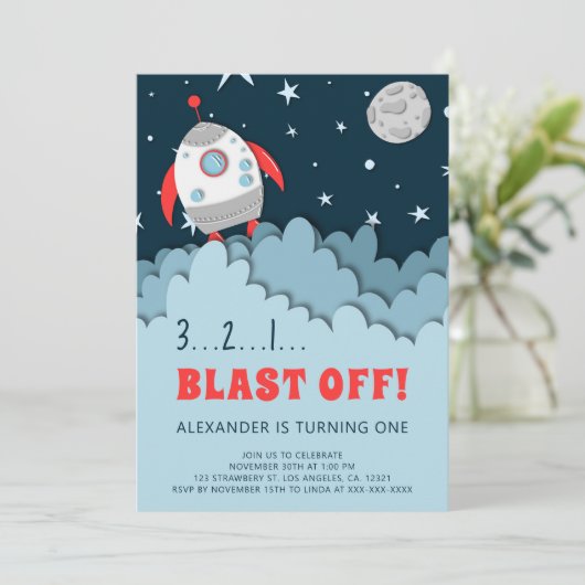 Invitation Space Rocket Boy Premier anniversaire (Debout devant)