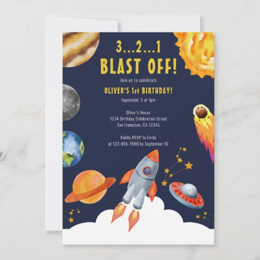 Invitation Space Rocks Ship Blast Off 1er Anniversaire fête (Devant)