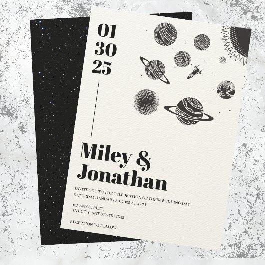 Invitation Space Stars Planètes Sun Moon Mariage moderne