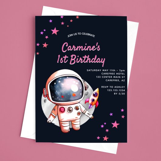 Invitation Space Stars Rocket Ship Girls 1er anniversaire