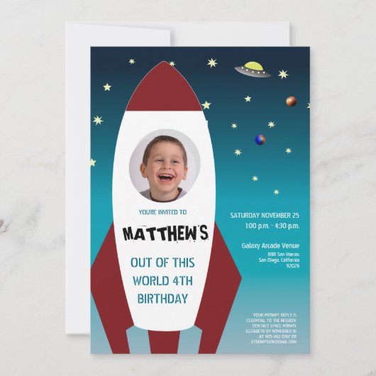 Invitation SPACE THEMME Photo Rocket 4e anniversaire (Devant)