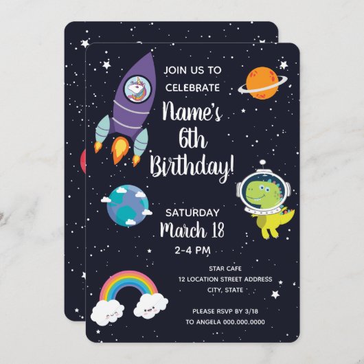 Invitation Space Unicorn Dinosaur Galaxy (Devant / Derrière)