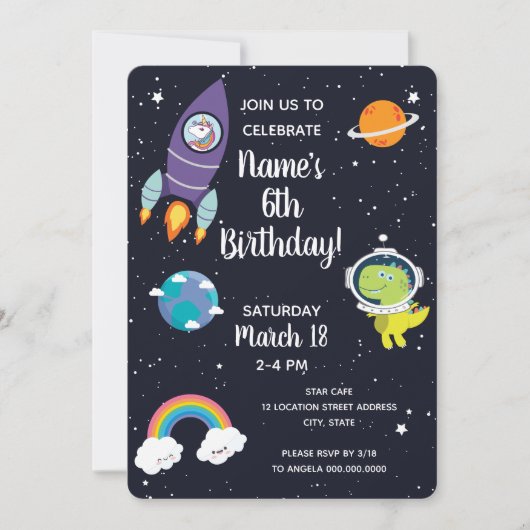 Invitation Space Unicorn Dinosaur Galaxy (Devant)