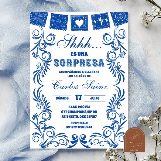 Invitation Spanish Blue Talavera SORPRESA Birthday Fiesta