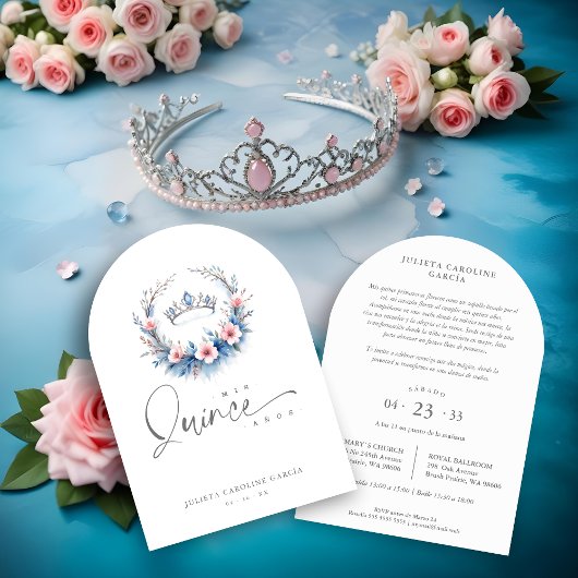 Invitation Spanish Cute Blue Pink Floral Quinceañera Tiara