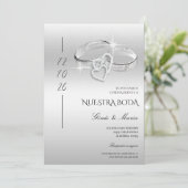 Invitation Spanish Decorative Glitzy Silver Wedding Rings  (Debout devant)