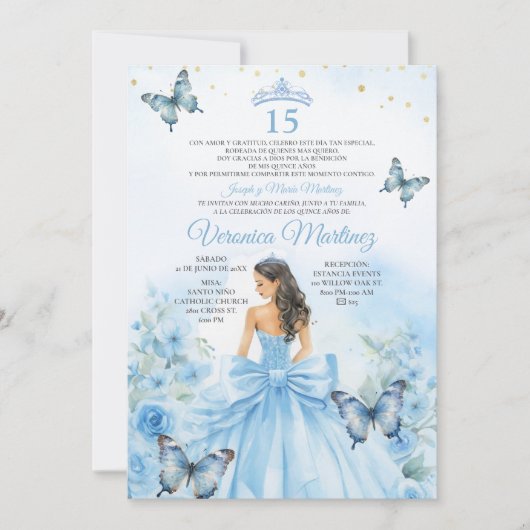 Invitation Spanish Dusty Blue Princess Butterfly Bow 15 Años (Devant)