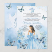 Invitation Spanish Dusty Blue Princess Butterfly Bow 15 Años (Devant / Derrière)