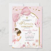 Invitation Spanish Girl Kneeling Pink Bow Primera Comunion (Devant)