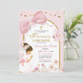 Invitation Spanish Girl Kneeling Pink Bow Primera Comunion (Debout devant)