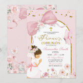 Invitation Spanish Girl Kneeling Pink Bow Primera Comunion (Devant / Derrière)