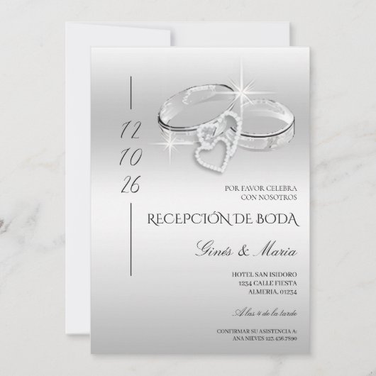 Invitation Spanish Glitzy Silver Wedding Rings Reception (Devant)