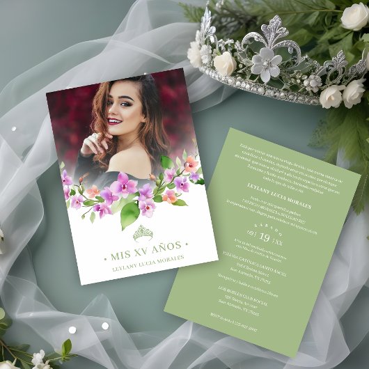 Invitation Spanish Green Princess Crown & Garland Mis XV Años