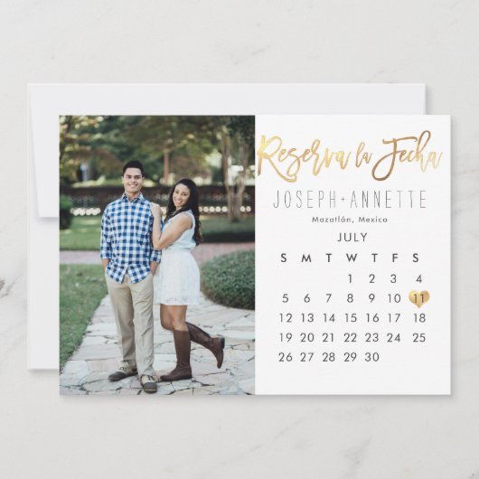 Invitation Spanish Photo Save the Date Calendar faux gold (Devant)
