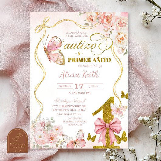 Invitation SPANISH Pink Butterfly Bautizo Y Primer Anito