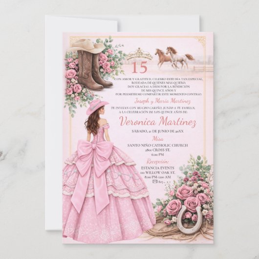 Invitation Spanish Pink Floral Charro Girl Country 15 Años (Devant)