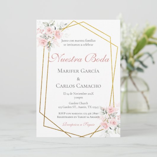 Invitation Spanish Pink Floral Wedding invitación boda españo (Debout devant)
