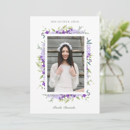 Invitation Spanish Quinceañera Photo Flower Branches (Debout devant)