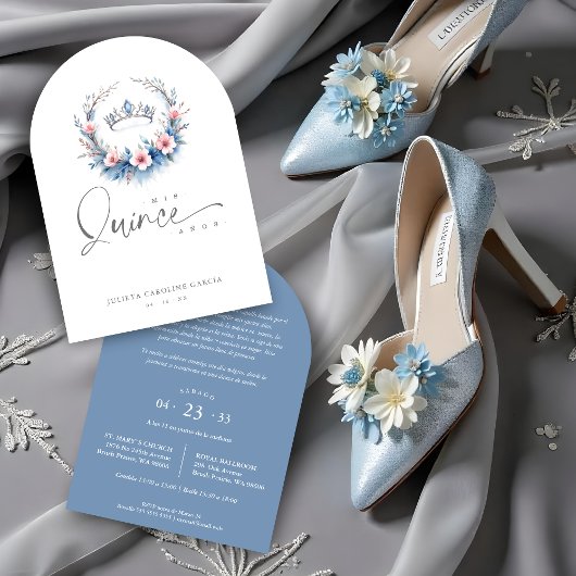 Invitation Spanish Romantic Blue Floral Quinceañera Tiara