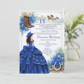 Invitation Spanish Royal Blue Floral Charra Princess 15 Años (Debout devant)