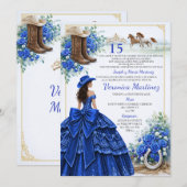 Invitation Spanish Royal Blue Floral Charra Princess 15 Años (Devant / Derrière)