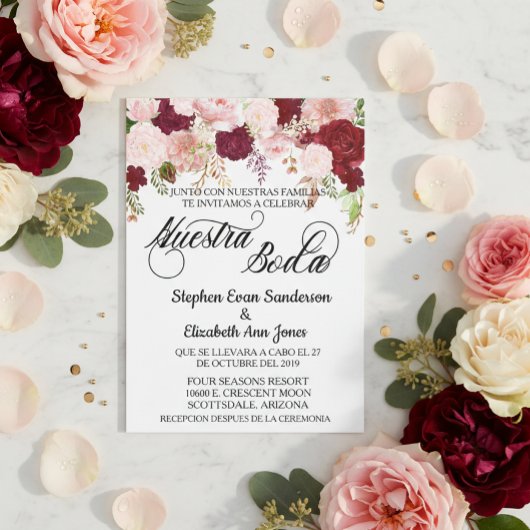 Invitation Spanish Wedding Rose Burgundy Pink Nuestra Boda