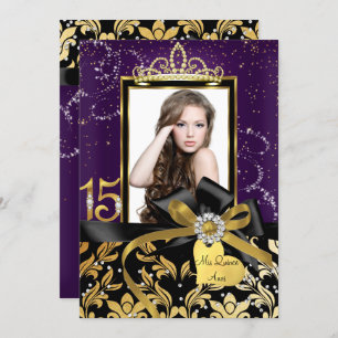 Invitation Sparkel Gold Purple Damask & Bow Photo Quinceanera