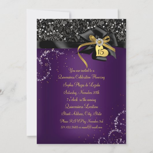Invitation Sparkel Gold Purple dentelle & Bow Photo Quinceane (Dos)